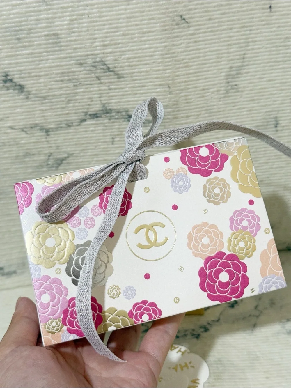 Chanel Beauty Pink Gold Camellia Floral Gift Bag with 2 Chanel Camellia Stickers